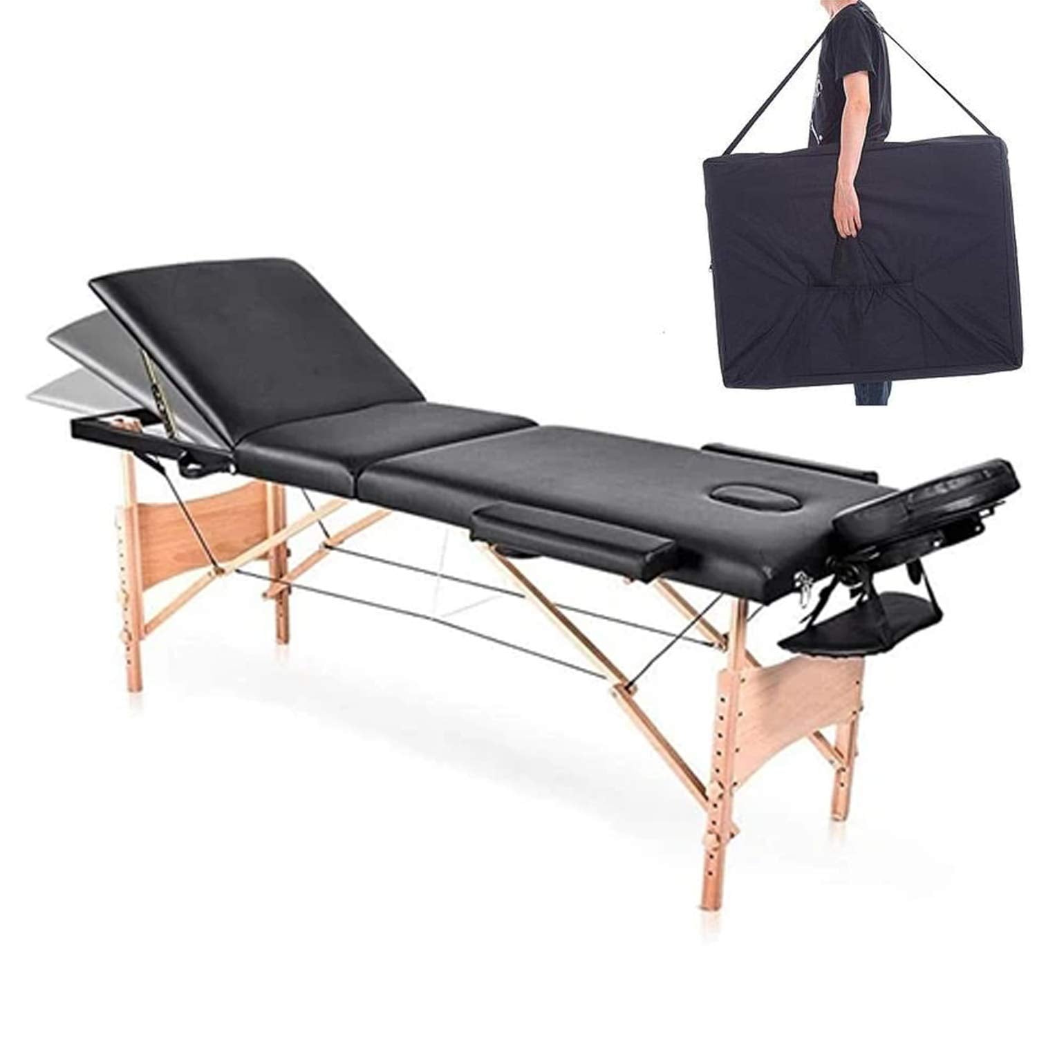 COOLBABY Portable Massage Table Professional Adjustable Folding Bed with 3-part Wooden Frame Ergonomic Headrest and Tote Bag for Therapeutic Tattoo Salon SPA Facial Treatment…