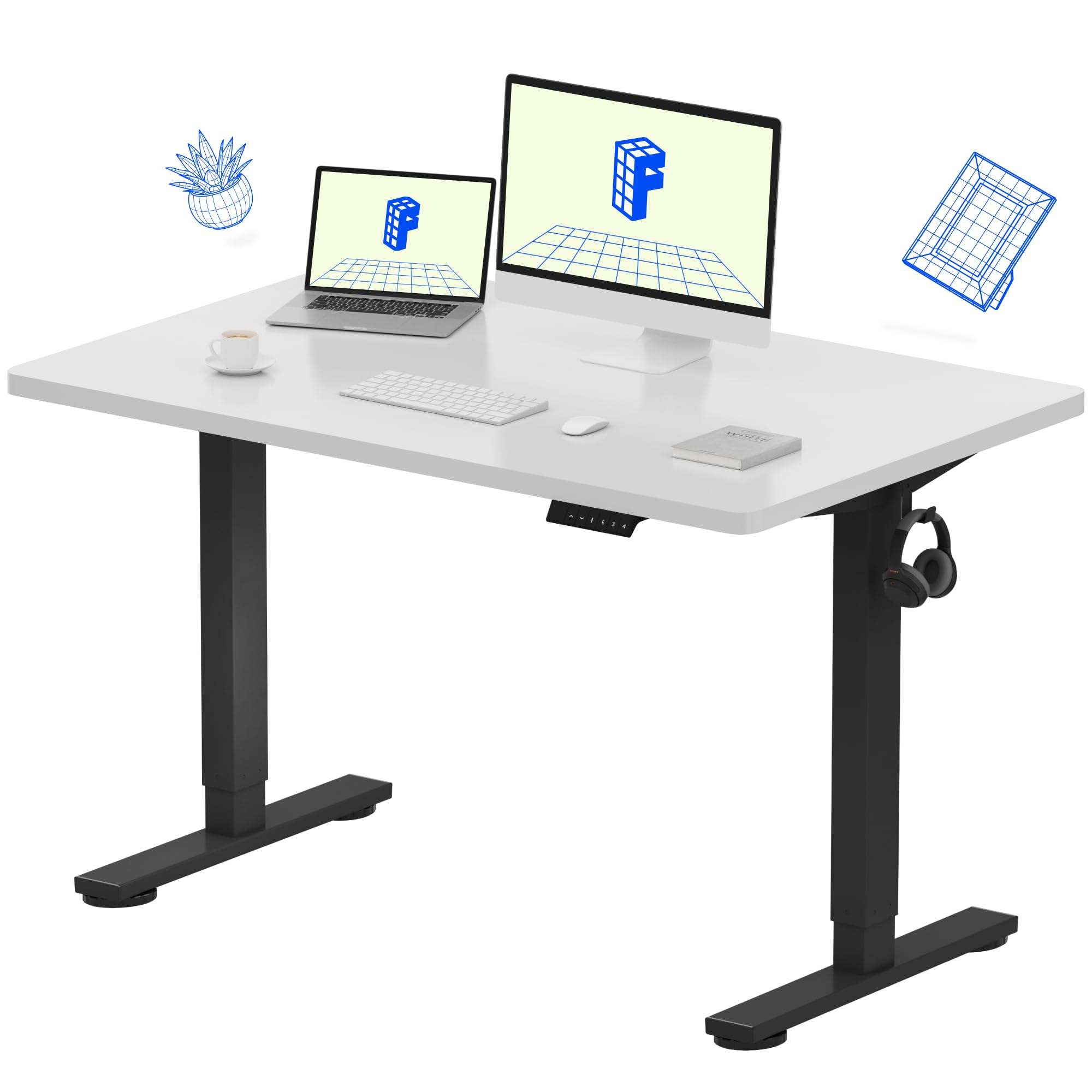 Flexispot 55 X 28 Inches Electric Stand Up Metal Desk Workstation, Whole Piece Desk Board Home Office Computer Standing Table Height Adjustable Desk Black Frame and 55 Black Top-GCC Home Center