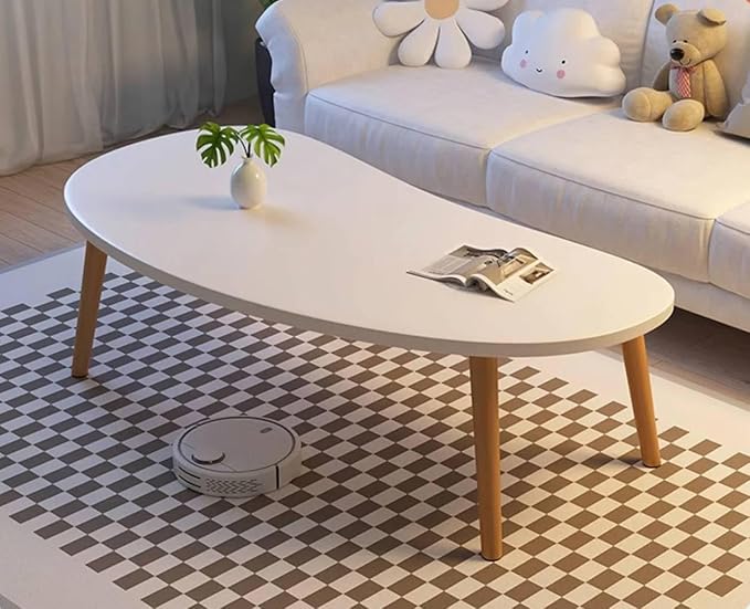 Modern Coffee Table – Large Oval Mango Shape for Living Room, Small Spaces, Bedroom & Balcony With Wood Frame – Beige