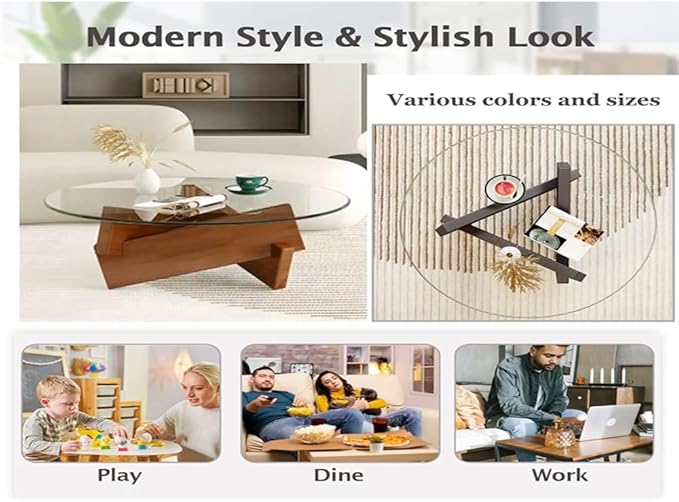 Round Coffee Table for Living Room, Modern Glass Coffee Table with Solid Wood Legs-GCC Home Center