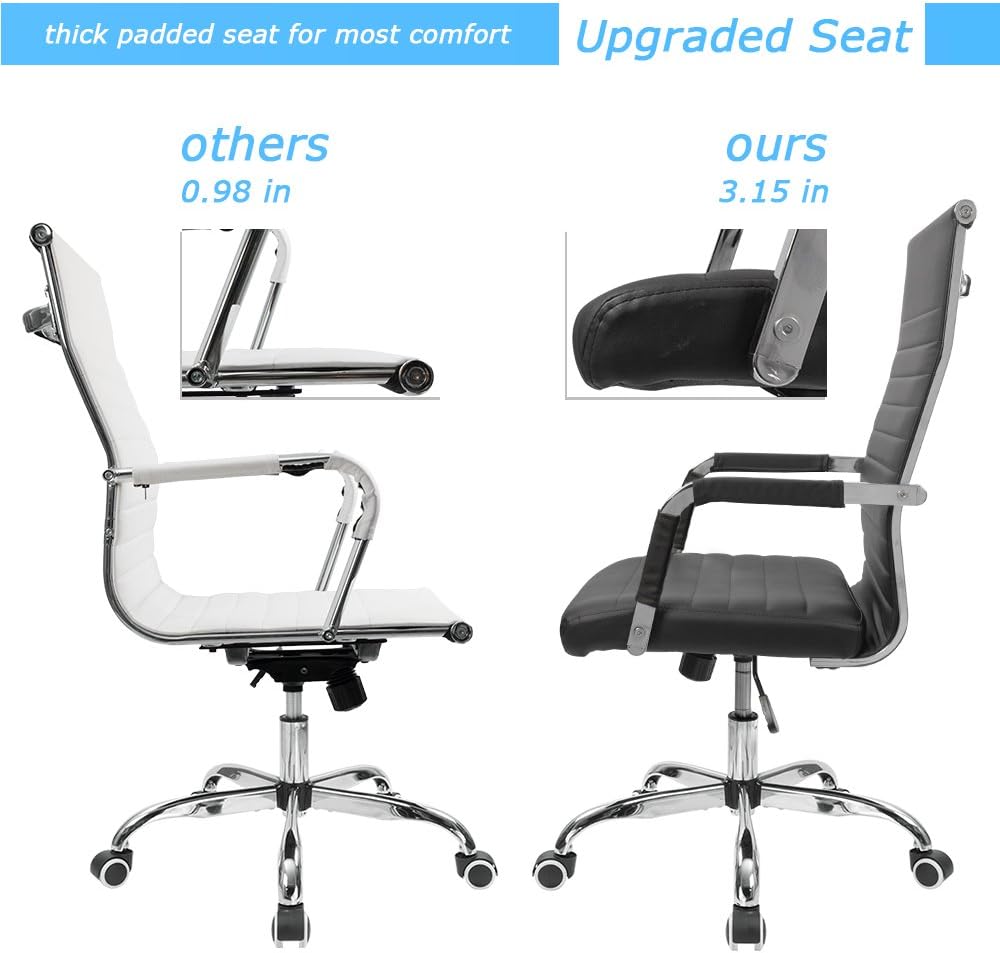 Furmax Ribbed Office Desk Mid-Back Pu Leather Executive Conference Task Adjustable Swivel Chair With Arms, Black
