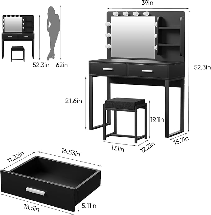 Vanity Desk with Mirror, With Chair and 10 LED Lights, with 2 Big Drawers and Side Shelves for Storage-GCC Home Center
