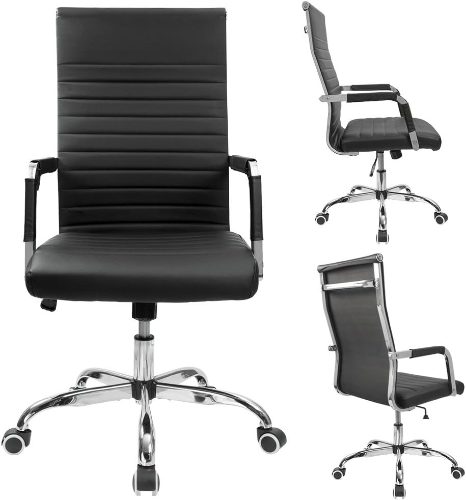 Furmax Ribbed Office Desk Mid-Back Pu Leather Executive Conference Task Adjustable Swivel Chair With Arms, Black