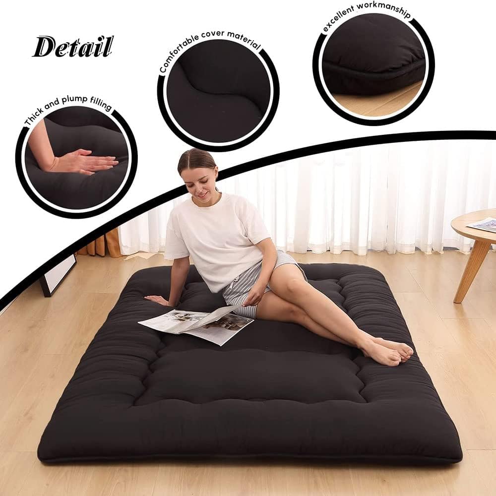 COOLBABY Japanese Floor Mattress Futon Mattress, Thicken Tatami Mat Sleeping Pad Foldable Roll Up Mattress Dormitory Mattress Pad Kids Floor Lounger Pillow Bed, 135 * 200CM Black, Full