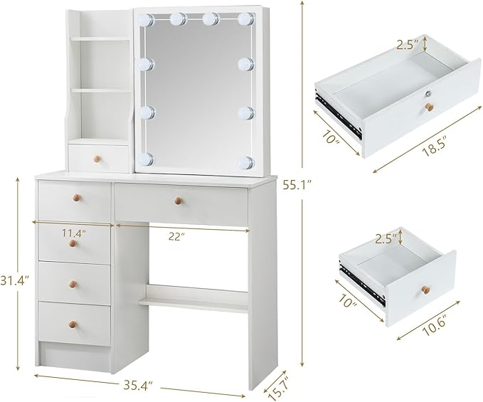 Makeup Vanity Desk with Lighted Mirror, Vanity Table Set with 6 Storage Shelf and 5 Drawers-GCC Home Center