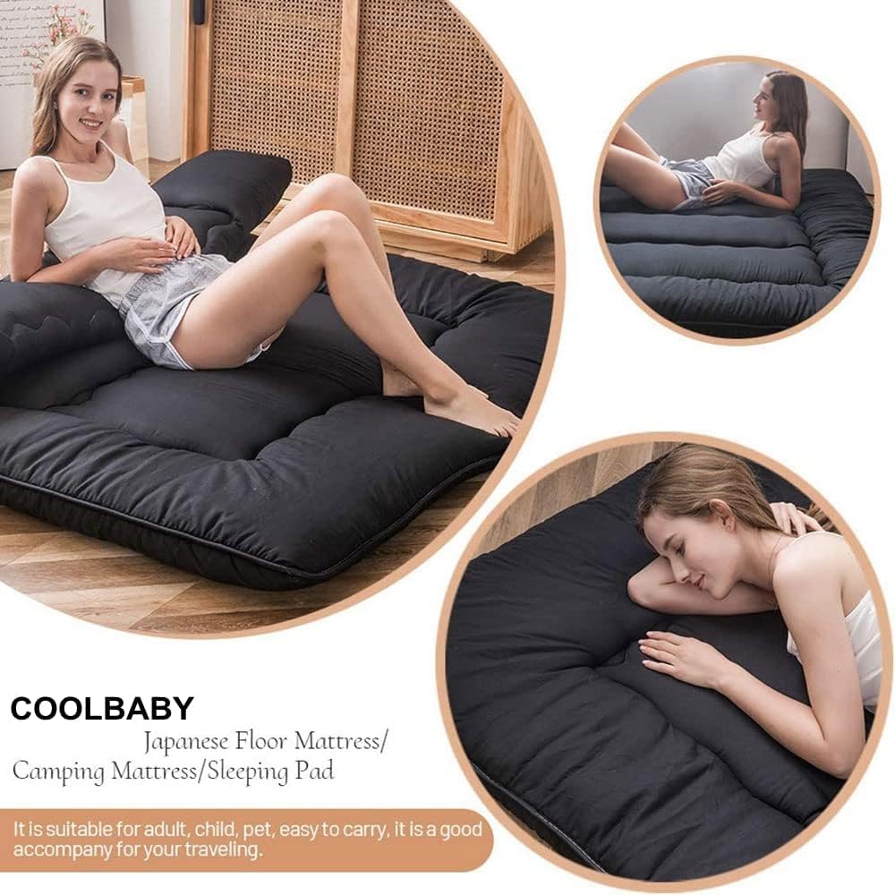 COOLBABY Japanese Floor Mattress Futon Mattress, Thicken Tatami Mat Sleeping Pad Foldable Roll Up Mattress Dormitory Mattress Pad Kids Floor Lounger Pillow Bed, 135 * 200CM Black, Full