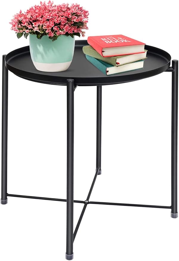 Round Metal Tray Table, Waterproof Folding Side Table for Living Room – 42×42×53cm