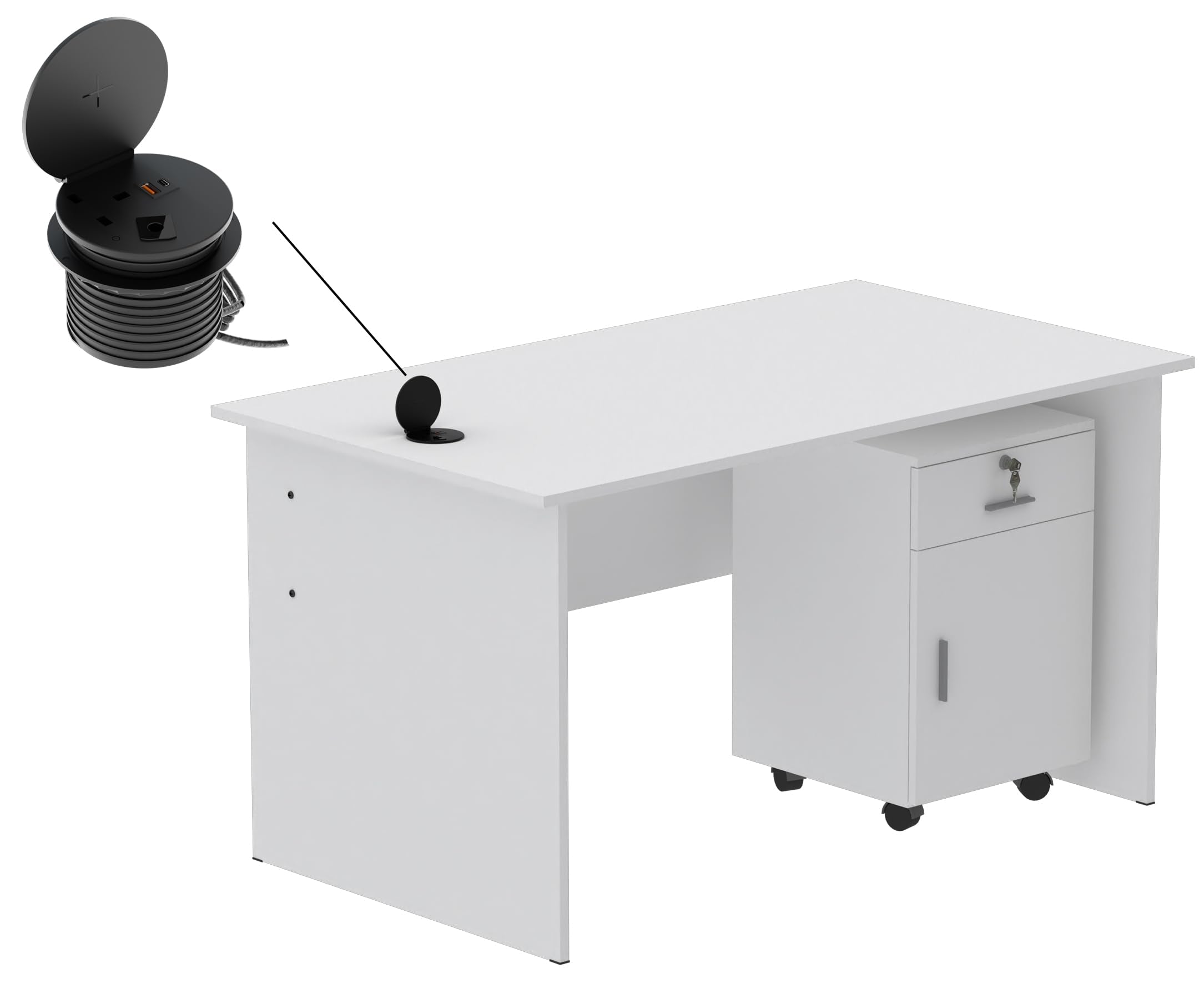 Mahmayi Modern MP1 120x60 Study Writing Table with BS01 Super Recessed Power Strip Desktop Socket Board, Modern Executive Desk for Adults, Home Offices, Schools, Laptop, Computer Workstation - WHITE