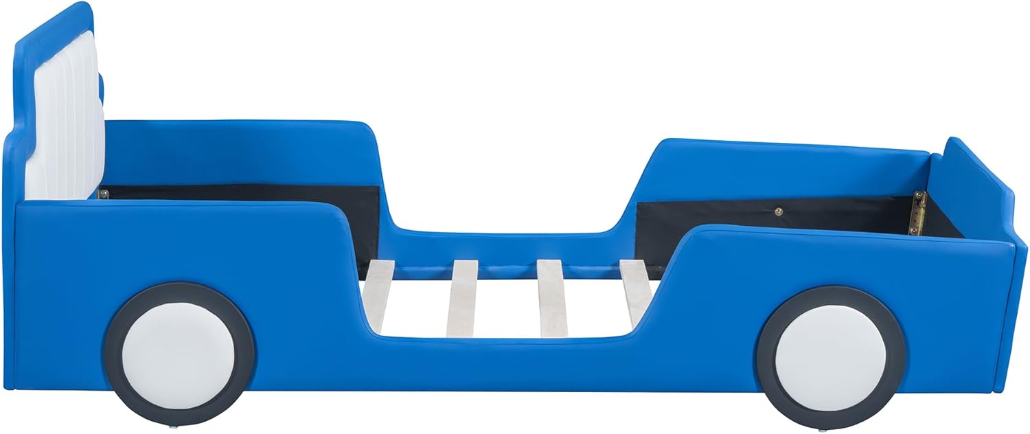 Twin Race kid Car bed Platform Bed with Wheels,PU Leather Car Bed Frame for Boys Twin Size,Kids Bed Frame with Headboard,Fits Standard Twin Mattress(No Mattress)