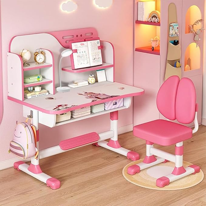 Adjustable Kids Study Learning Desk and Chair Set With Bookshelf, Drawer Storage, Shelves, Table Lamp & Fun Stickers