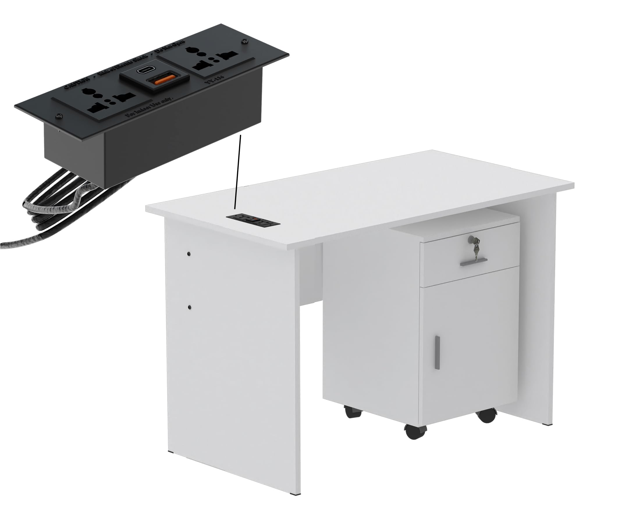 Mahmayi Modern MP1 120x60 Study Writing Table with BS01 Super Recessed Power Strip Desktop Socket Board, Modern Executive Desk for Adults, Home Offices, Schools, Laptop, Computer Workstation - WHITE