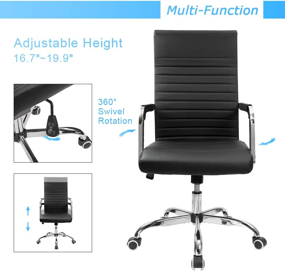 Furmax Ribbed Office Desk Mid-Back Pu Leather Executive Conference Task Adjustable Swivel Chair With Arms, Black