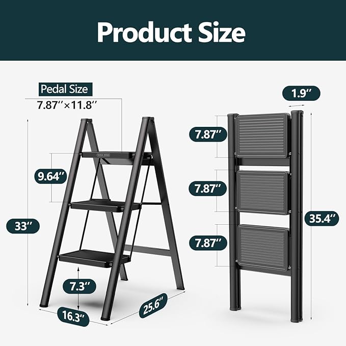 3-Step Folding Ladder – Heavy-Duty Steel, Anti-Slip Pedals, 150kg Load Capacity (Black)