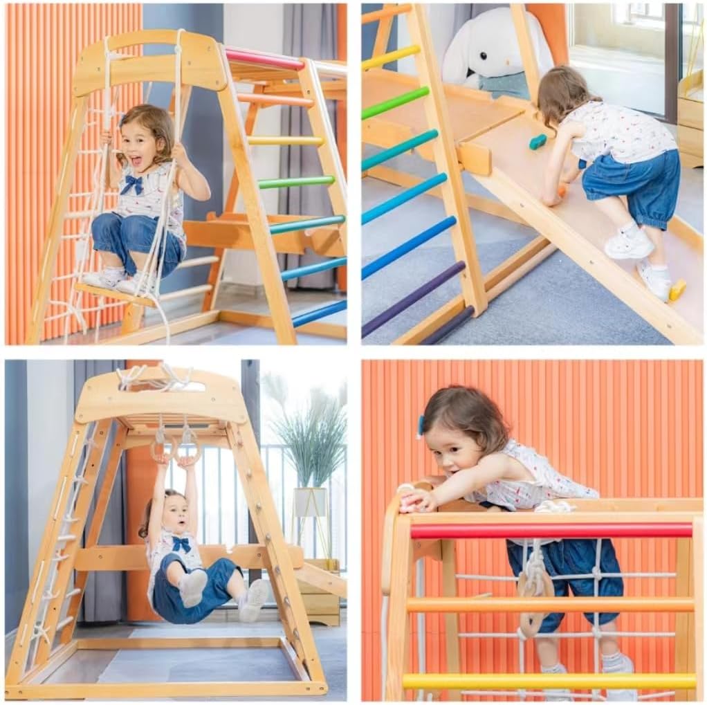 COOLBABY 6 in 1 Solid Wood Kids Climbing Frame. Kids Indoor Wooden Climbing Slide and Swing Combo. Toddler Indoor Playground and Kids Indoor Gym. Double Sided Slide (Climbing/Slide)