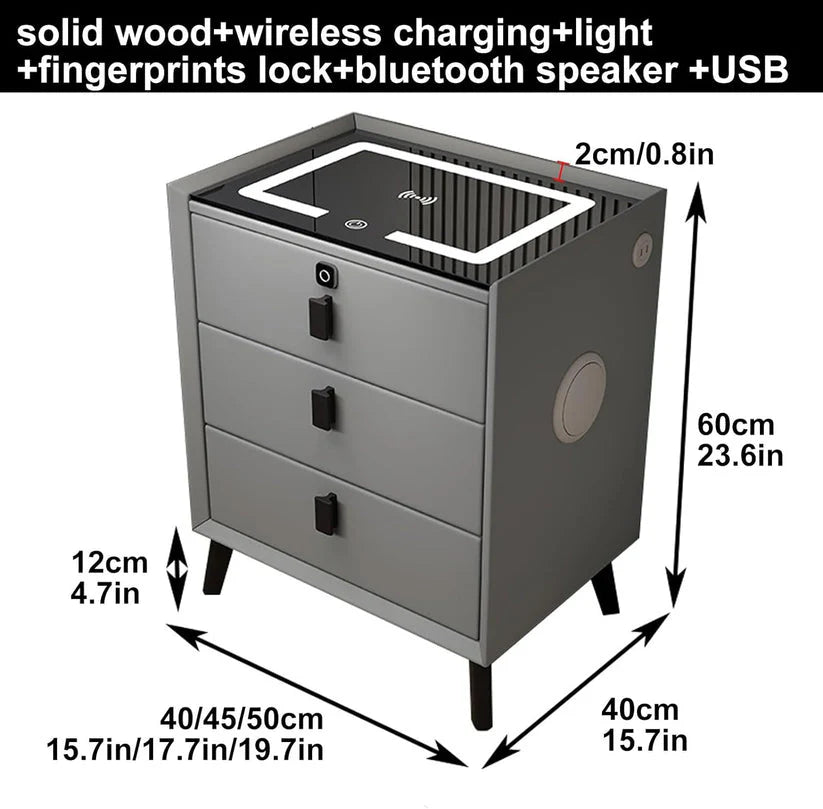 Bedside Table with Three Drawers, Secure Fingerprint Lock Wireless Charging Speaker LED Light-GCC Home Center