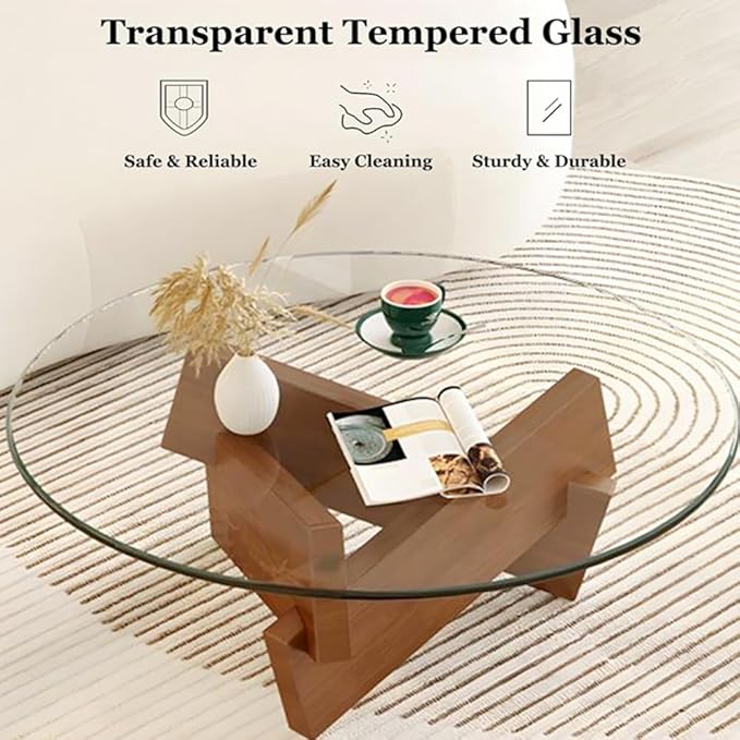 Round Coffee Table for Living Room, Modern Glass Coffee Table with Solid Wood Legs-GCC Home Center