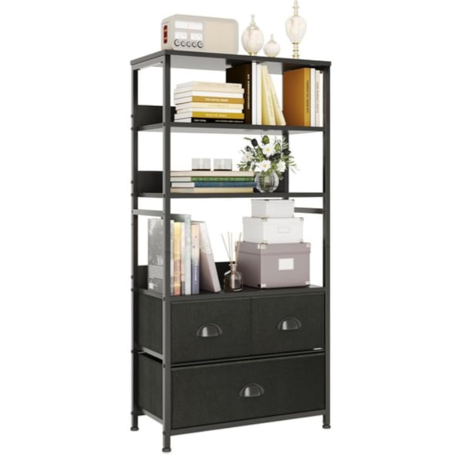 SKY-TOUCH 3 Fabric Drawer Nightstand Storage Chest Unit Home Cabinet w/Shelves Home Living Room Bedroom Entryway Living Furniture, Black,22.8 * 11.4 * 24.8 inch
