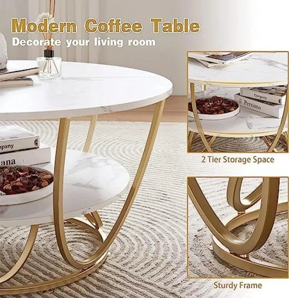 Round Coffee Table with Marble Top Like Finish Stylish 2-Tier Design