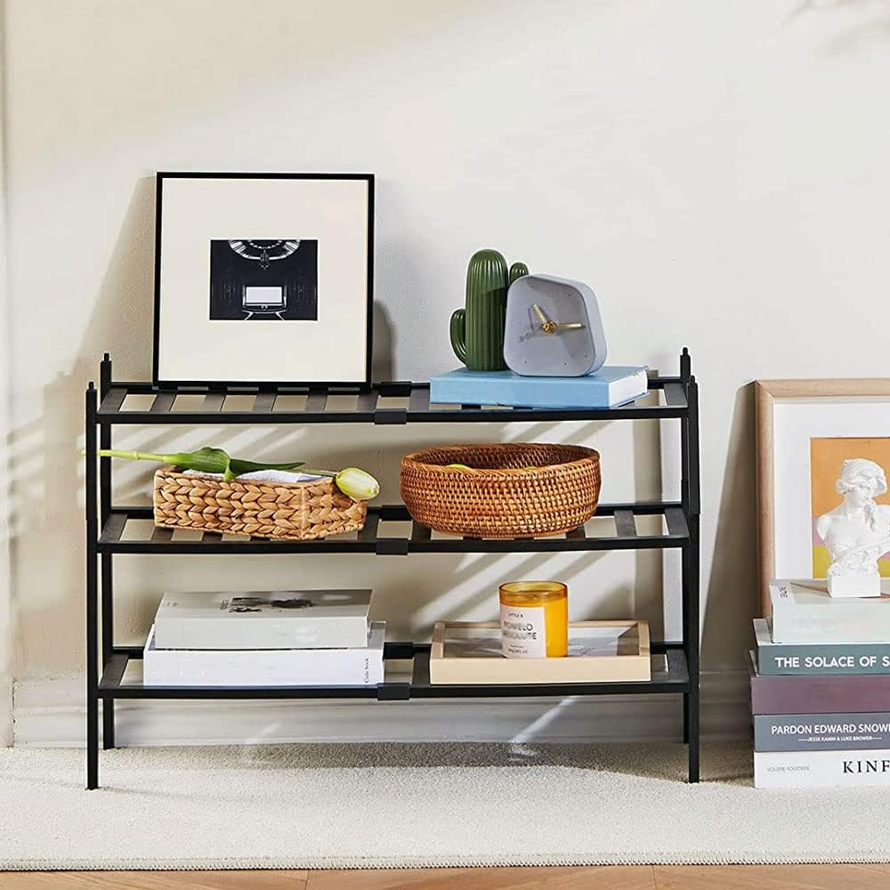 ORiTi Bamboo Shoe Rack 3 Tier Stackable Shoe Shelf Shoes Organizer Standing Shoe Stand Stable and Study for Closet Entryway Hallway Bedroom Floor Dorm Black 69x46x28cm