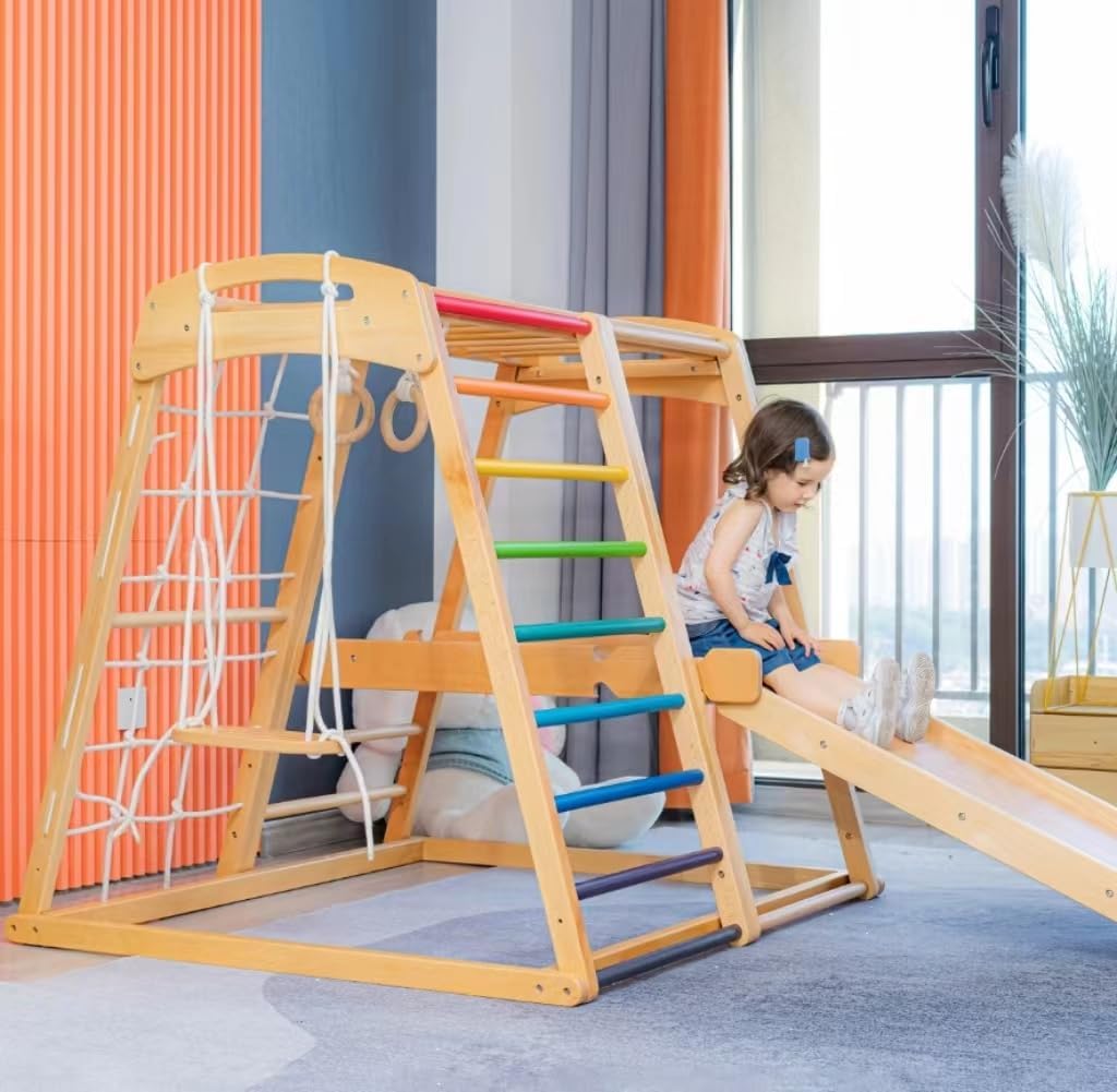 COOLBABY 6 in 1 Solid Wood Kids Climbing Frame. Kids Indoor Wooden Climbing Slide and Swing Combo. Toddler Indoor Playground and Kids Indoor Gym. Double Sided Slide (Climbing/Slide)