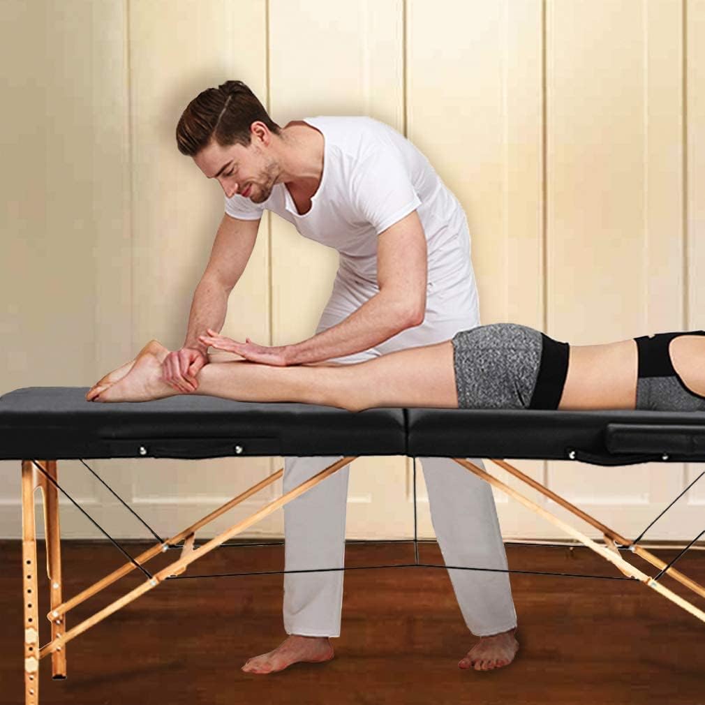 COOLBABY Professional Portable Massage Table Professional Adjustable Folding Bed with 3-part Wooden Frame Ergonomic Headrest and Lash Extension Bed,Facial Cradle Salon Bed (Black) KYBJ-302-SRK21