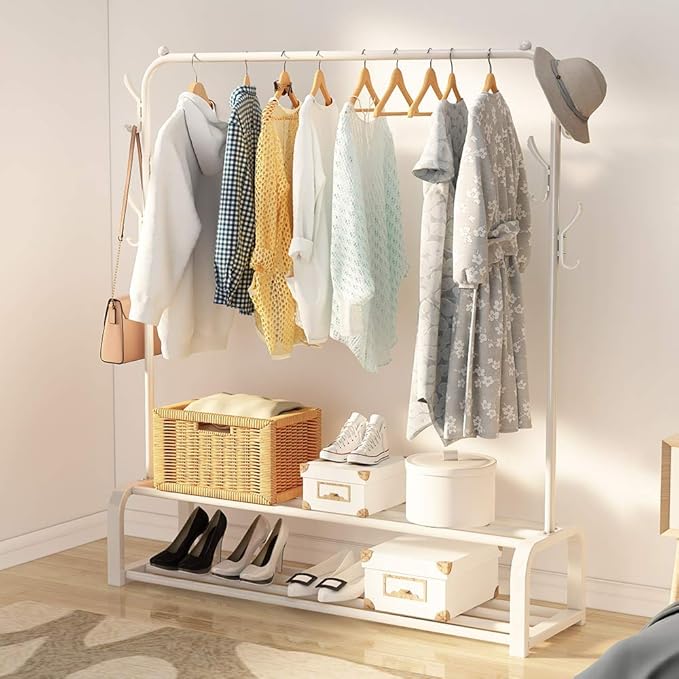 Metal Clothes Rack – Heavy Duty Hanger with Storage Shelf & Side Hooks (White)