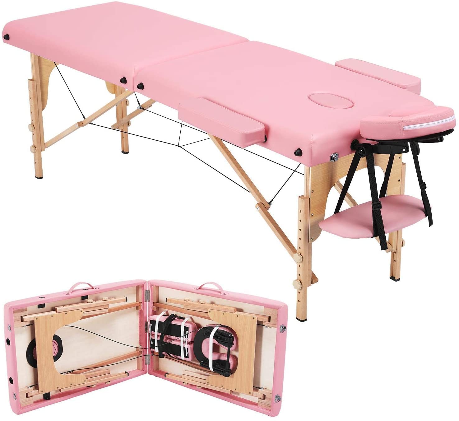 COOLBABY Portable Massage Table Professional Adjustable Folding Bed with 3-part Wooden Frame Ergonomic Headrest and Tote Bag for Therapeutic Tattoo Salon SPA Facial Treatment…