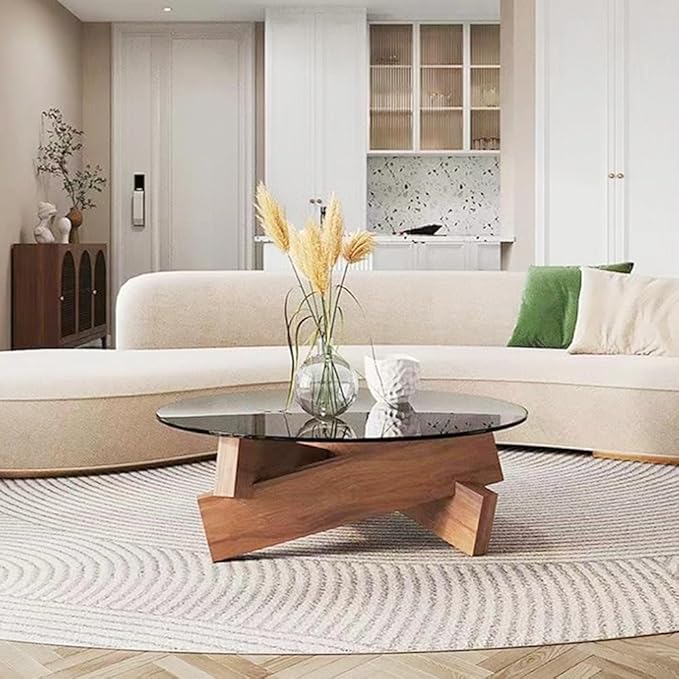 Round Coffee Table for Living Room, Modern Glass Coffee Table with Solid Wood Legs-GCC Home Center