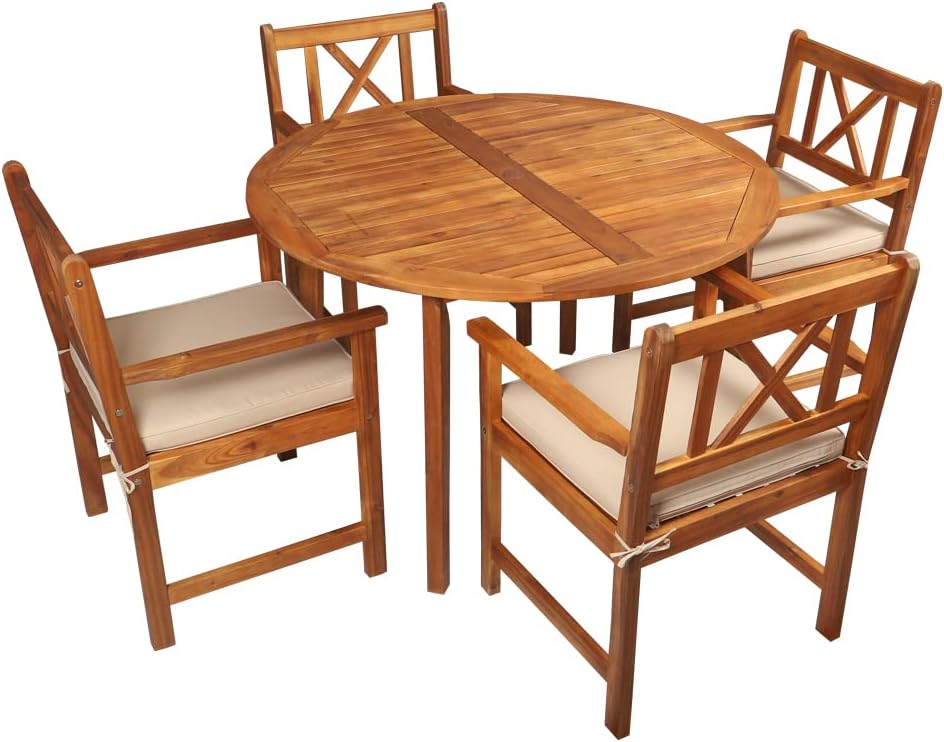 Acacia Wood Chairs With Cushions Table Round Bistro Set Patio Dining Table Set 5 Pcs Wood Furniture for Indoor Outdoor Poolside Garden Balcony Terrace Use - Garden Furniture - Dining Set for 5-GCC Home Center