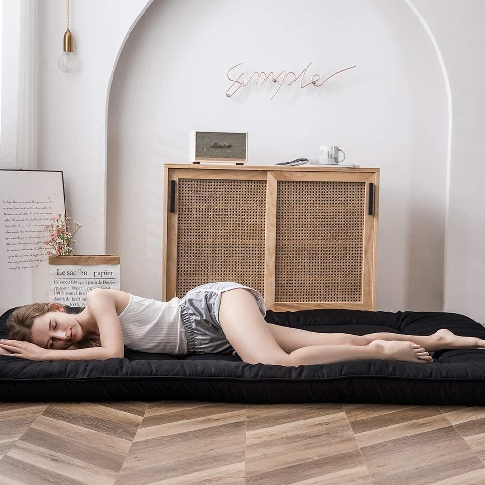 COOLBABY Japanese Floor Mattress Futon Mattress, Thicken Tatami Mat Sleeping Pad Foldable Roll Up Mattress Dormitory Mattress Pad Kids Floor Lounger Pillow Bed, 135 * 200CM Black, Full
