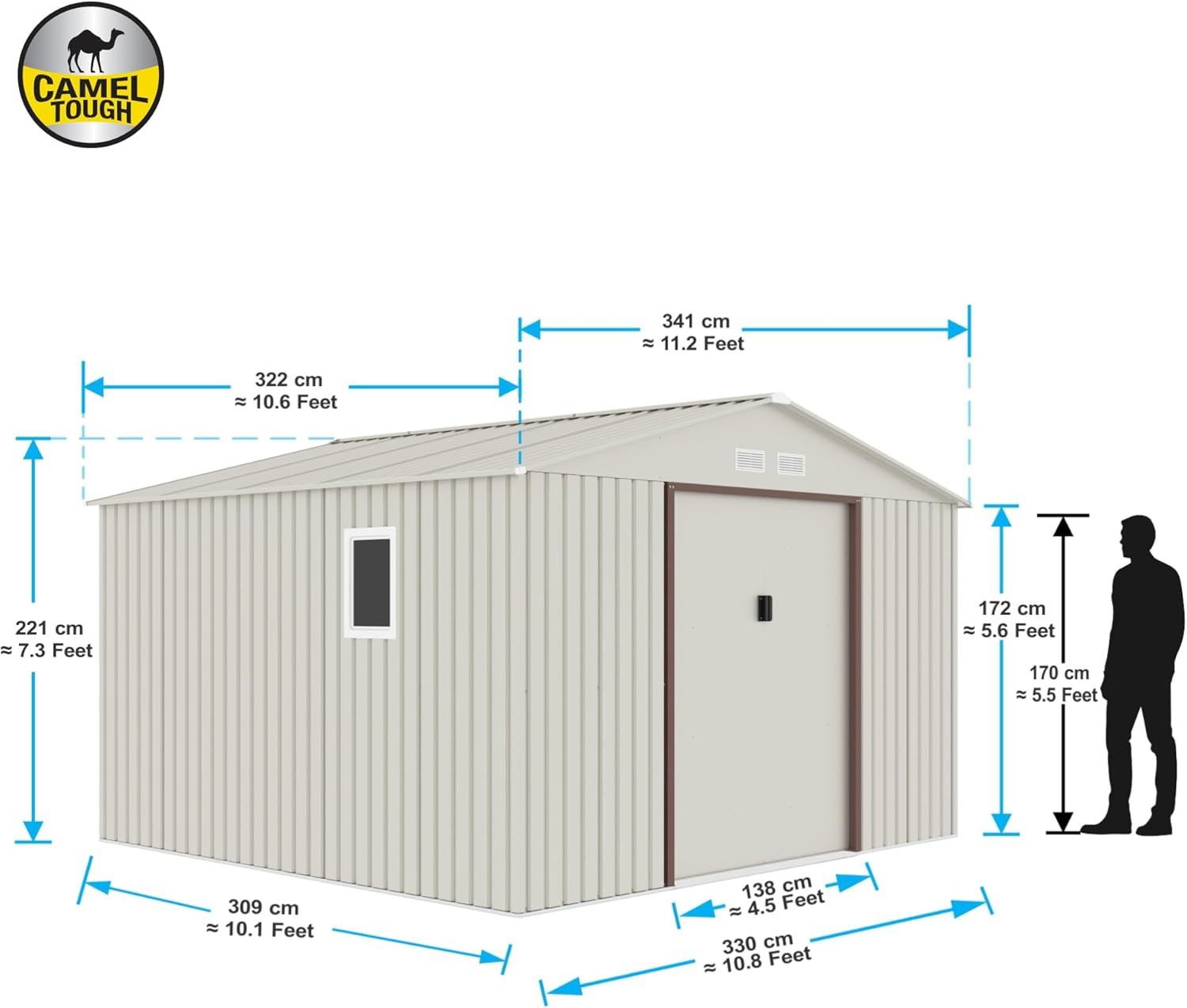 CamelTough Outdoor Metal Storage Shed, 11.2x10.6 feet, Garden Metal Shed. Perfect for Storing Patio Furniture, Garden Tools. Garage Organizer, Weather Resistant. With warranty. Beige, CT-644