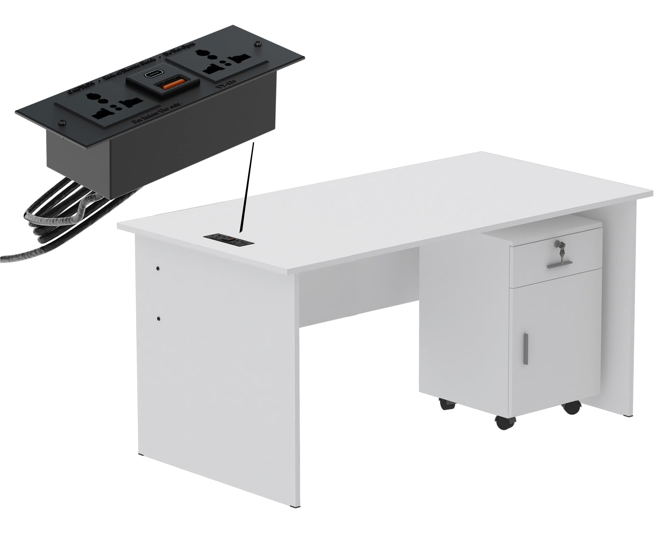 Mahmayi Modern MP1 120x60 Study Writing Table with BS01 Super Recessed Power Strip Desktop Socket Board, Modern Executive Desk for Adults, Home Offices, Schools, Laptop, Computer Workstation - WHITE