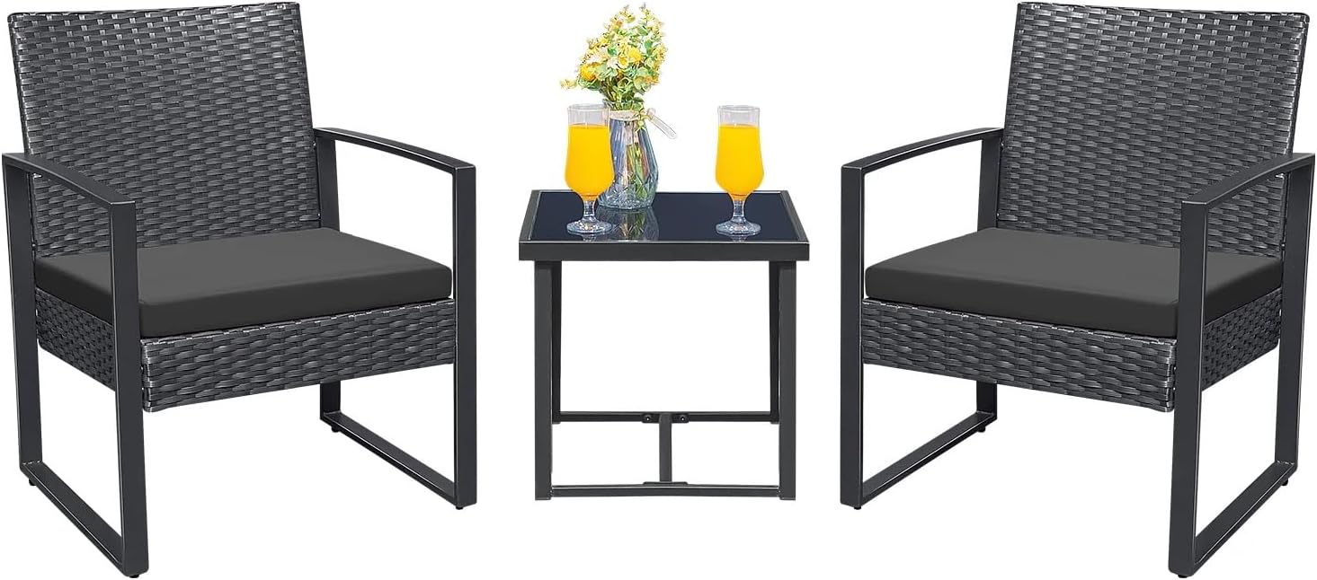 Anovara Outdoor Furniture 3 Pieces Balcony Garden Outdoor Furniture Set include 2 Rattan Chairs with Cushions and 1 Coffee Table