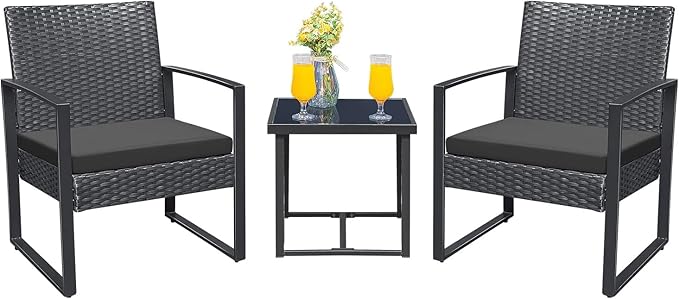 Outdoor Furniture Balcony Furniture 3 Pieces Garden Outdoor Furniture Set include 2 Rattan Chairs with Cushions and 1 Coffee Table-GCC Home Center