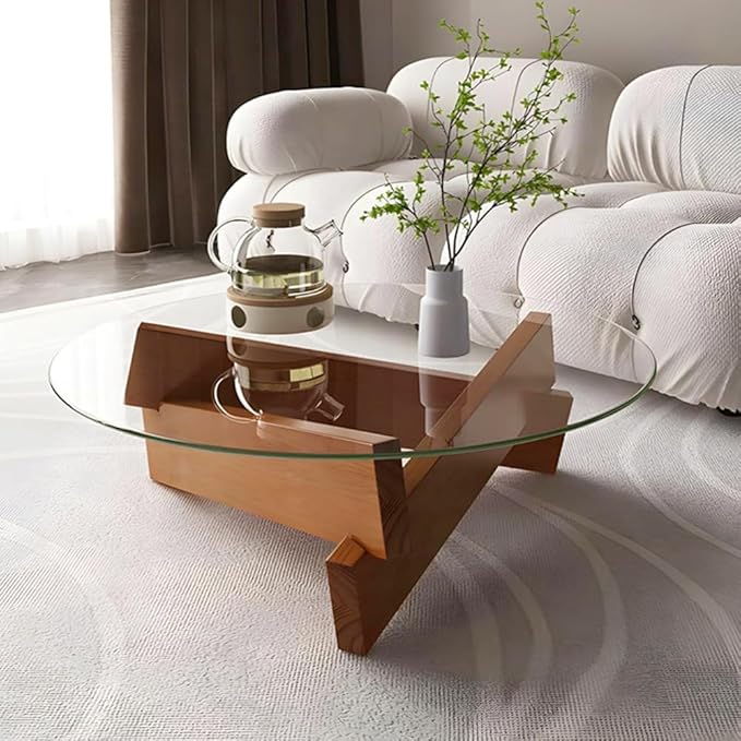 Round Coffee Table for Living Room, Modern Glass Coffee Table with Solid Wood Legs-GCC Home Center