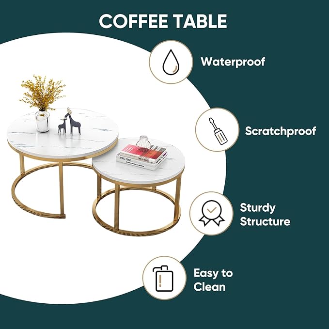 Round Nesting Coffee Table Set of 2 For Living Room - Gold & White-GCC Home Center