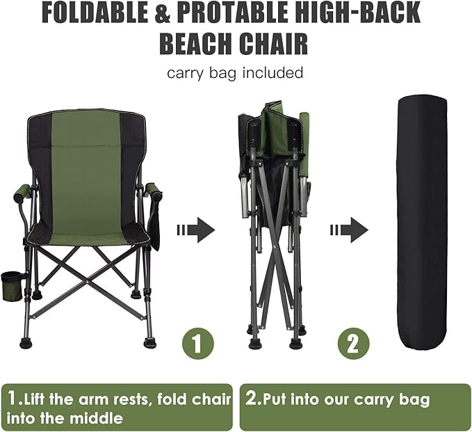 Outdoor Portable Camping Chair, Lightweight Folding Camping Chair, Heavy Duty Support 145KG, High Back Padded Lawn Chair with Arm Rest Cup Holder and Portable Carrying Bag-GCC Home Center
