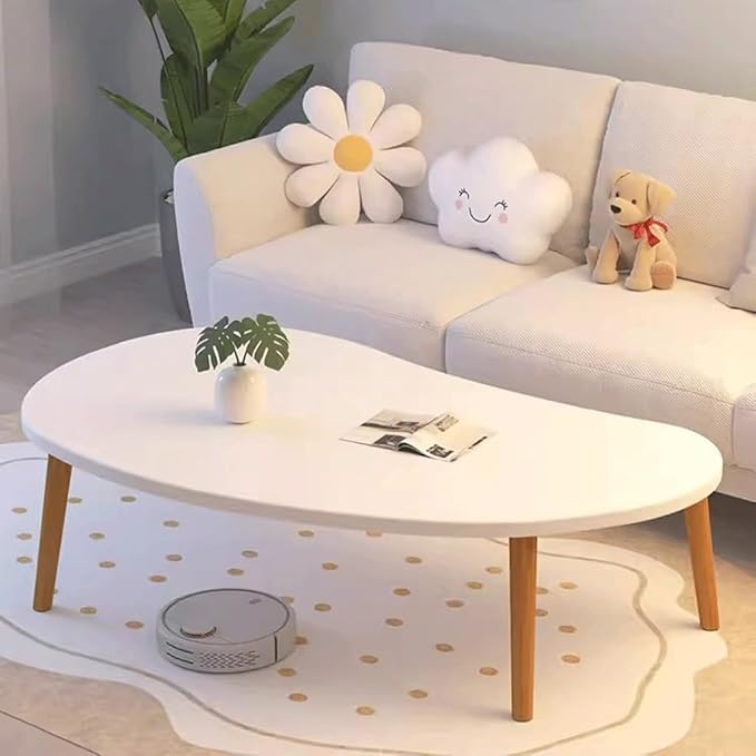 Modern Coffee Table – Large Oval Mango Shape for Living Room, Small Spaces, Bedroom & Balcony With Wood Frame – Beige