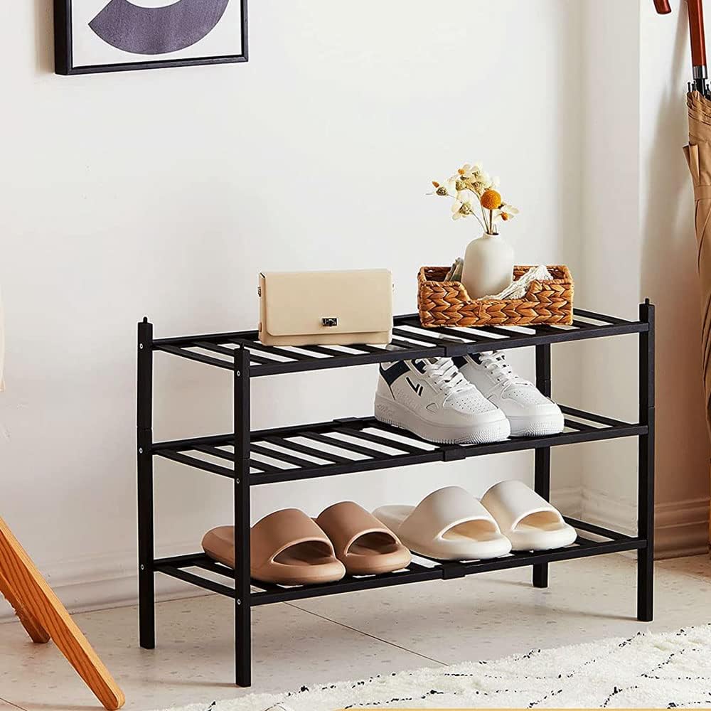 ORiTi Bamboo Shoe Rack 3 Tier Stackable Shoe Shelf Shoes Organizer Standing Shoe Stand Stable and Study for Closet Entryway Hallway Bedroom Floor Dorm Black 69x46x28cm