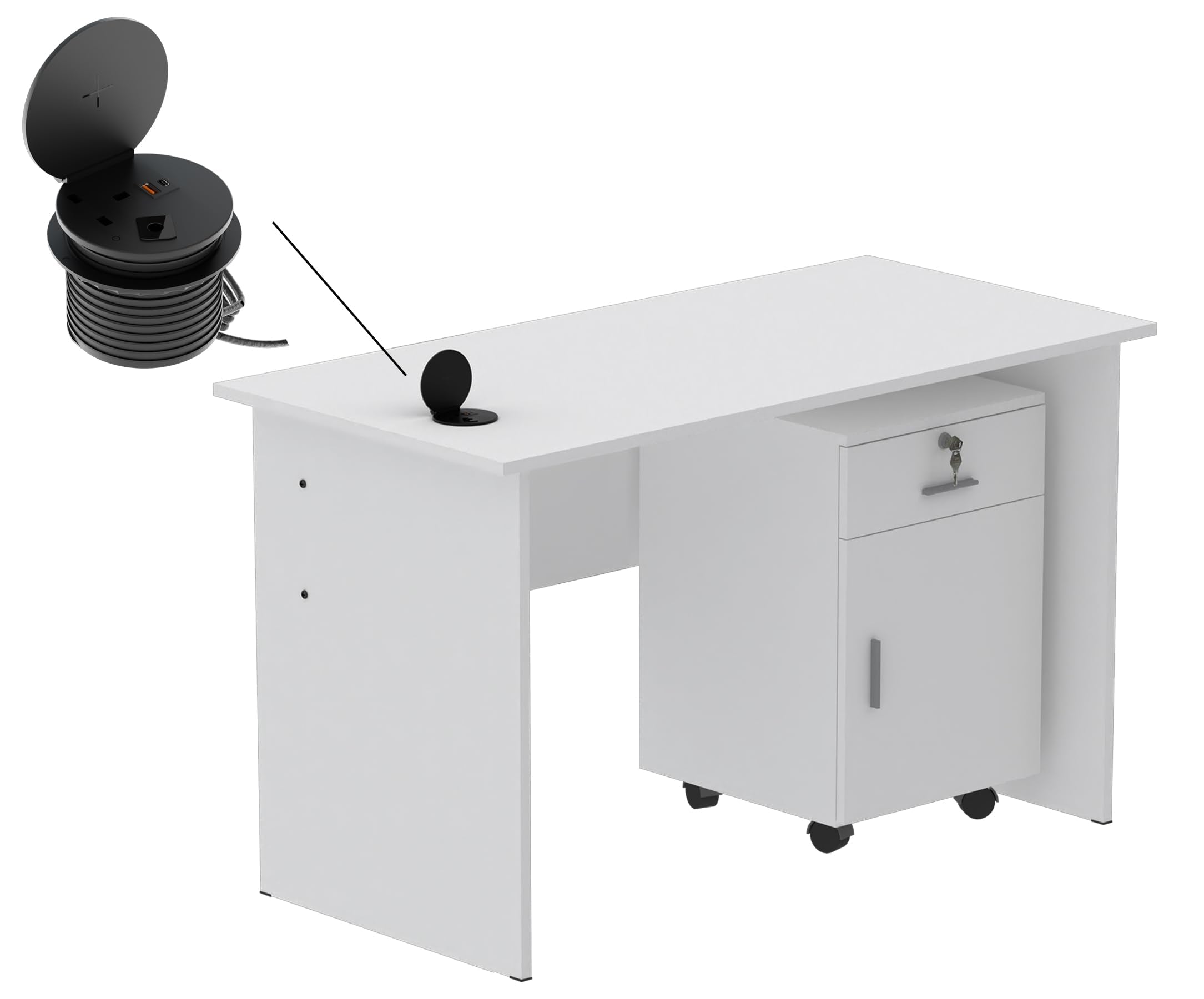 Mahmayi Modern MP1 120x60 Study Writing Table with BS01 Super Recessed Power Strip Desktop Socket Board, Modern Executive Desk for Adults, Home Offices, Schools, Laptop, Computer Workstation - WHITE