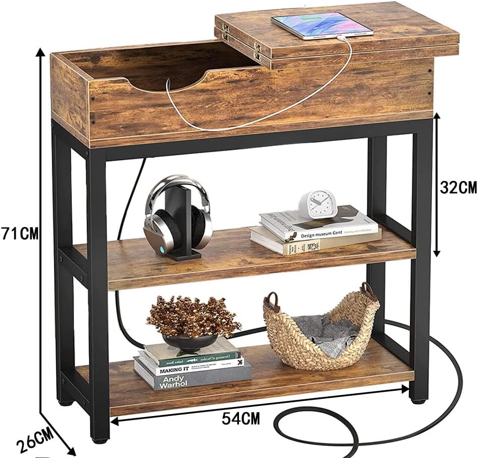 NeoStyle Side Table with Charging Station, Nightstand with USB Ports and Outlets,Flip Top Open Narrow Sofa End Table with Storage Shelf for Living Room, Bedroom
