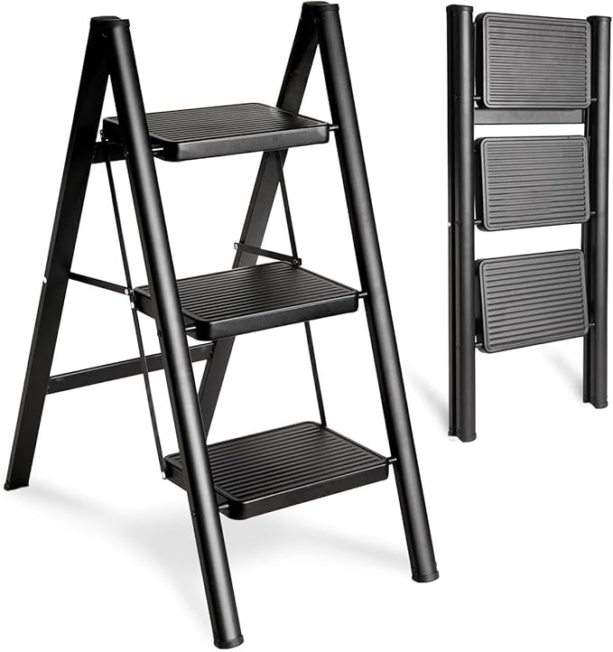3-Step Folding Ladder – Heavy-Duty Steel, Anti-Slip Pedals, 150kg Load Capacity (Black)
