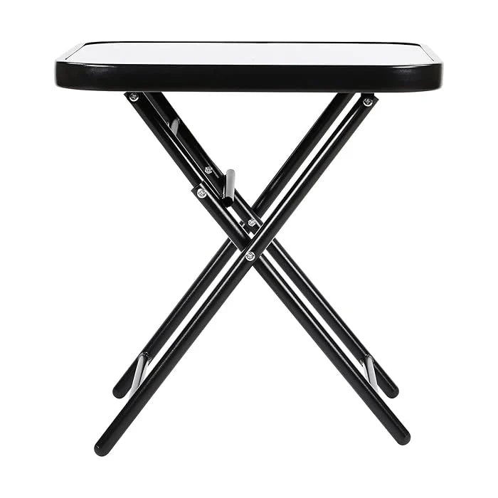 Folding Drinks Side Table, Outdoor Garden Table, Small Square Patio Table - Black with Tempered Glass Top-GCC Home Center