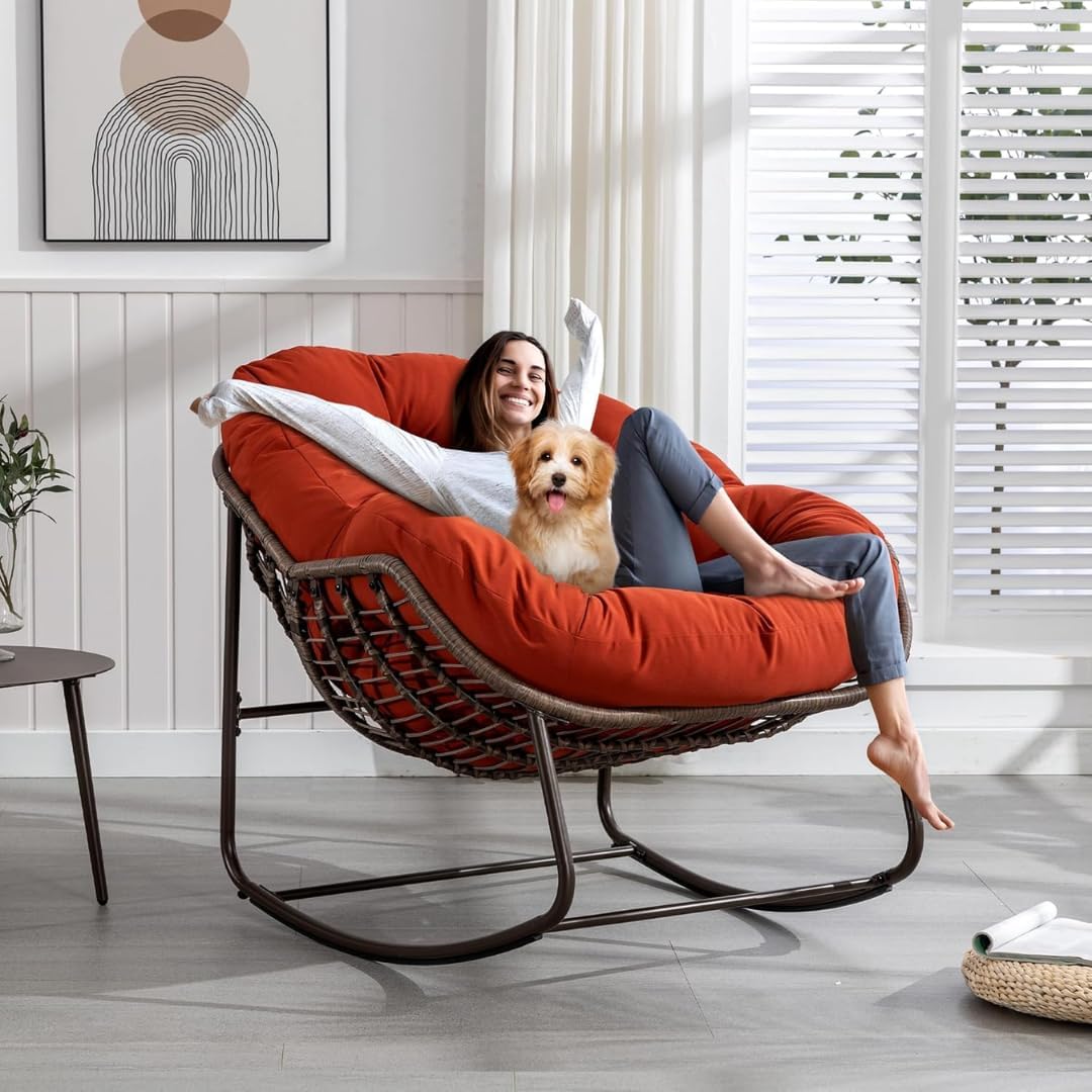 Wooden Twist Large Indoor Outdoor Rocking Chair, Oversized Rocking Papasan Chair with Thick Cushion and Frame Outdoor Rocker, Comfy Wicker Egg Chairs Lounge for Outside Porch Patio (Red)-GCC Home Center