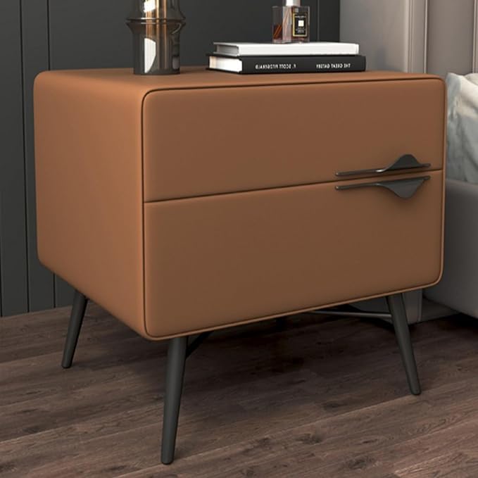 Modern Leather Nightstand with 2 Drawers & Metal Legs Stylish, Bedside Table for Bedroom and Living Room - Gray C-GCC Home Center