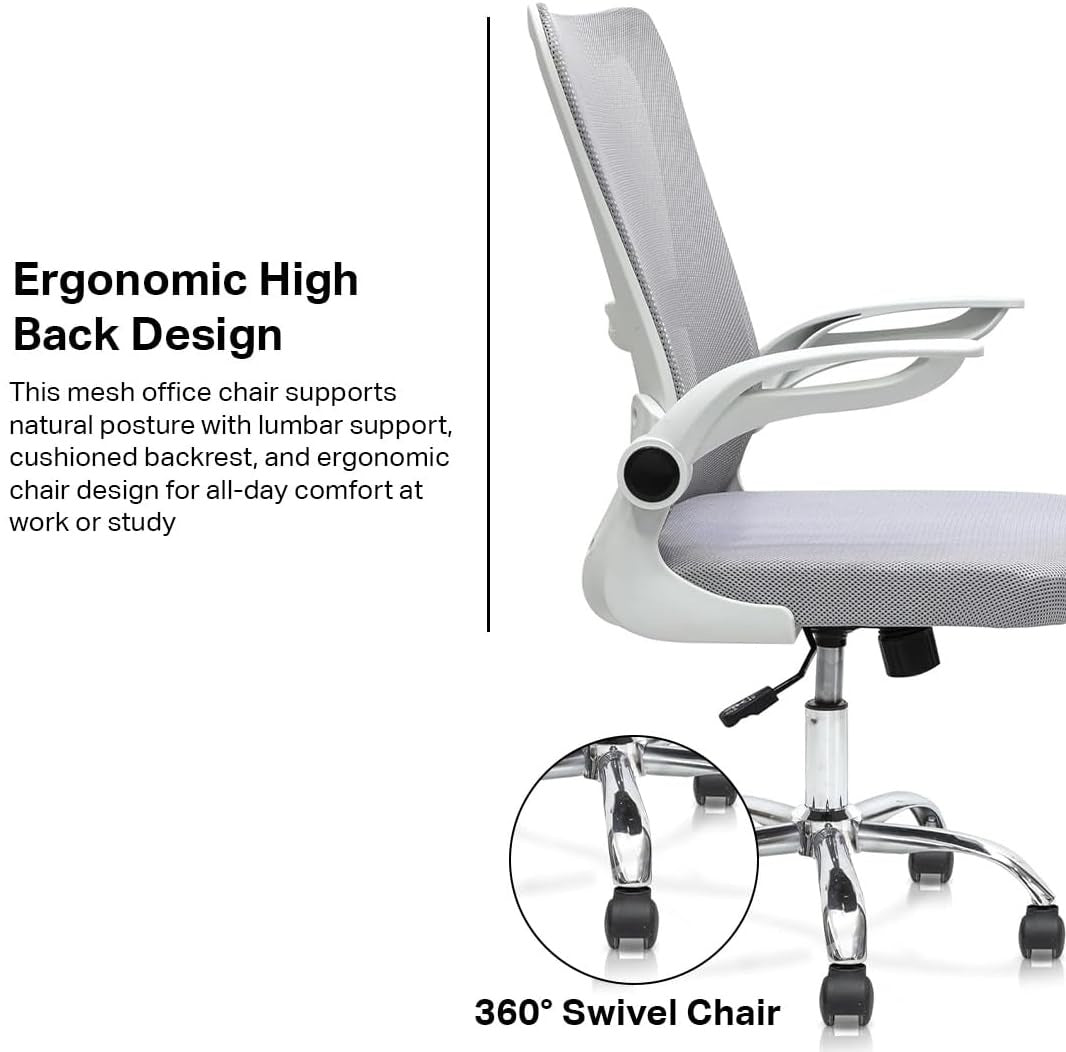 Mesh Office Chair – Swivel Desk Chair with Lumbar Support, Flip-Up Arm & Chrome Base – Ergonomic Chair Adjustable Computer Chair for Home Office, Study, Gaming & Workstation