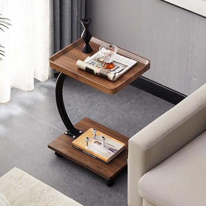 Modern C-Shaped End Table with Wheels – Walnut