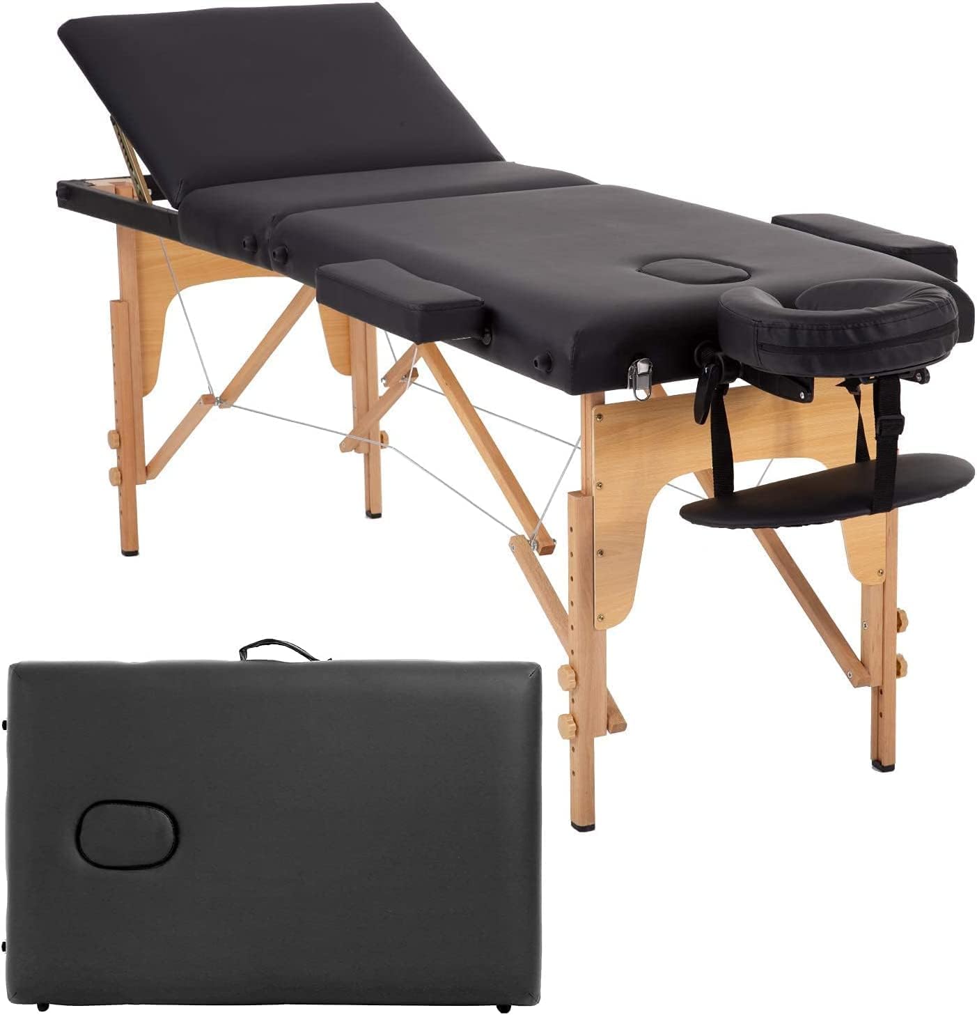 COOLBABY Professional Portable Massage Table Professional Adjustable Folding Bed with 3-part Wooden Frame Ergonomic Headrest and Lash Extension Bed,Facial Cradle Salon Bed (Black) KYBJ-302-SRK21