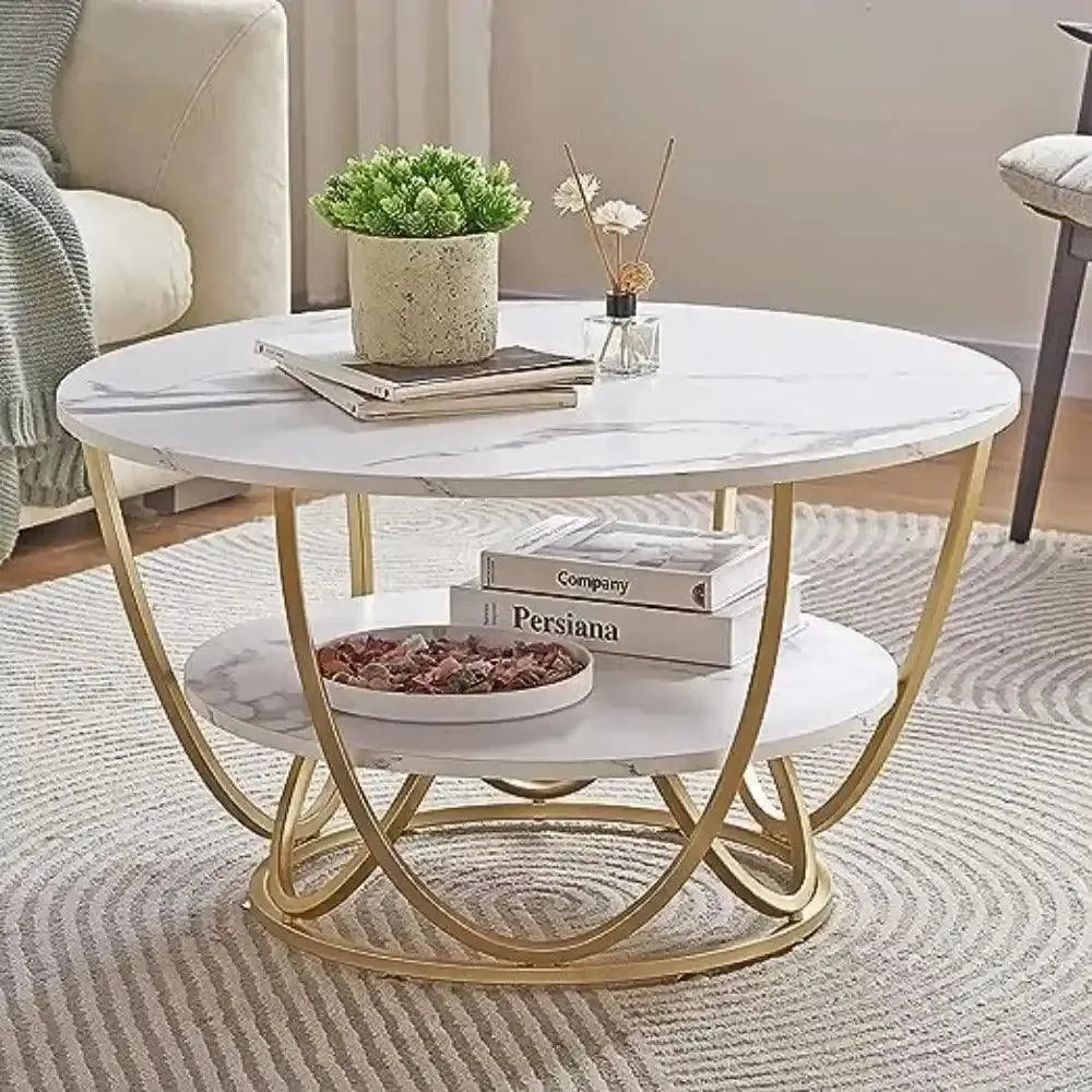 Round Coffee Table with Marble Top Like Finish Stylish 2-Tier Design