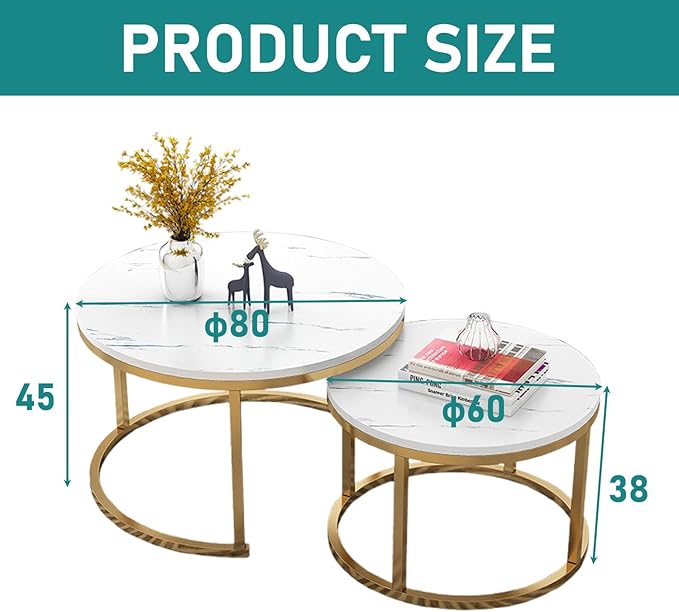 Round Nesting Coffee Table Set of 2 For Living Room - Gold & White-GCC Home Center